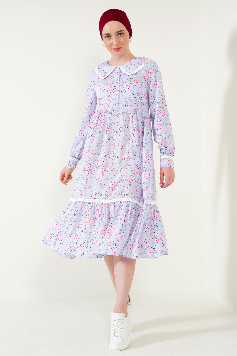 2185 Dantelli Bebe Yaka Tesettür Elbise - Lila - BİGDART