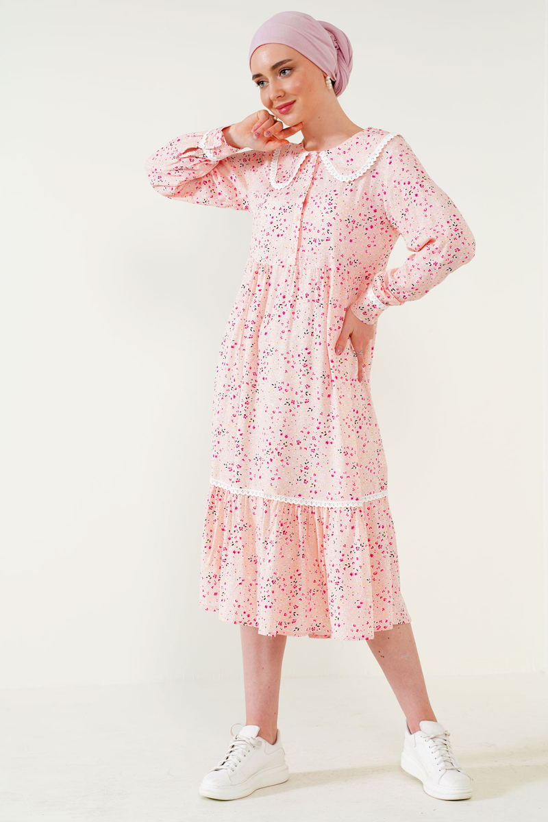 2185 Dantelli Bebe Yaka Tesettür Elbise - Pudra - BİGDART