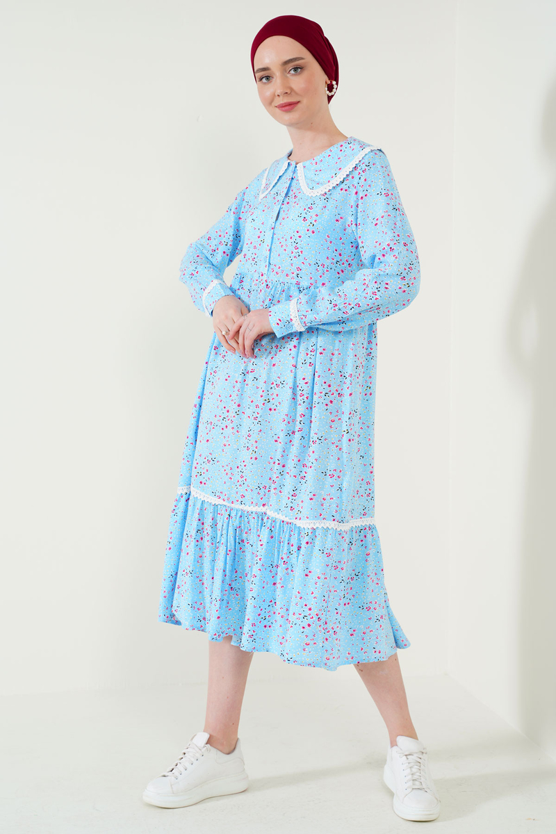 2185 Dantelli Bebe Yaka Tesettür Elbise - Mavi - BİGDART