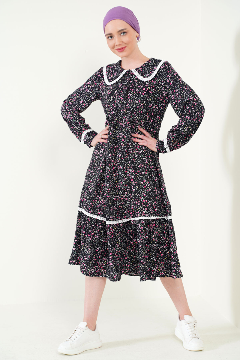 2185 Dantelli Bebe Yaka Tesettür Elbise - Siyah - BİGDART