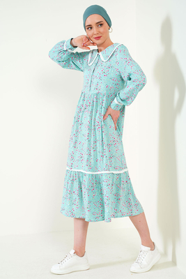 2185 Dantelli Bebe Yaka Tesettür Elbise - Su Yeşili - BİGDART