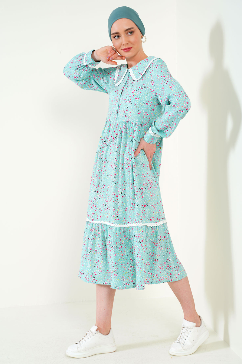 2185 Dantelli Bebe Yaka Tesettür Elbise - Su Yeşili - BİGDART