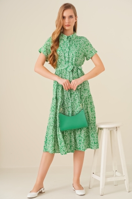 2191 Kısa Kollu Desenli Elbise - Yeşil 