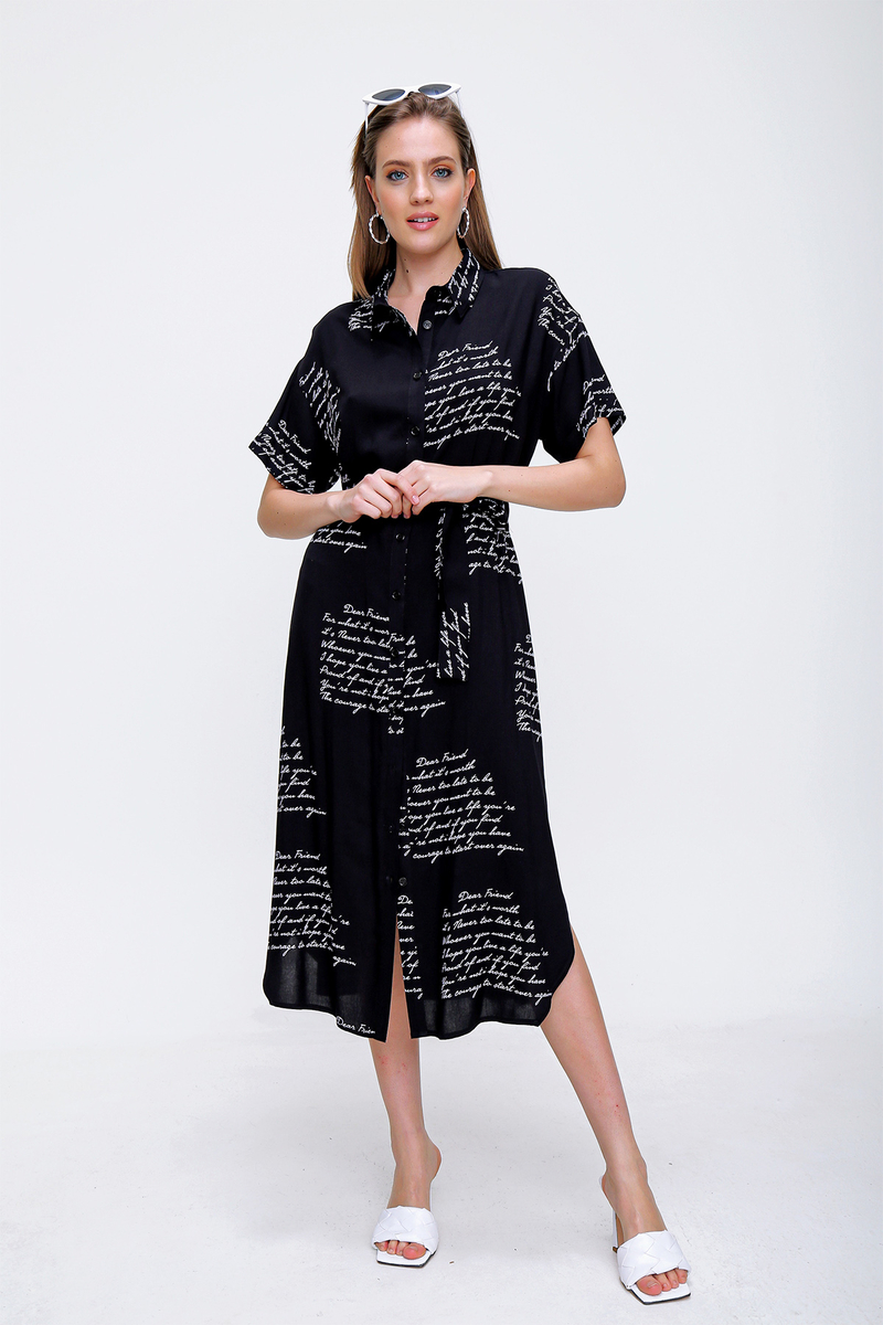 2196 Yazı Baskılı Oversize Elbise - Siyah - BİGDART