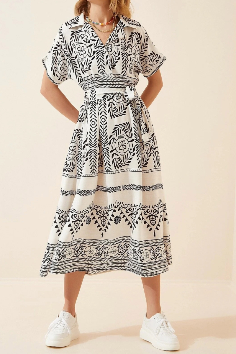 2206 Kuşaklı Kısa Kollu Elbise - Siyah - BİGDART