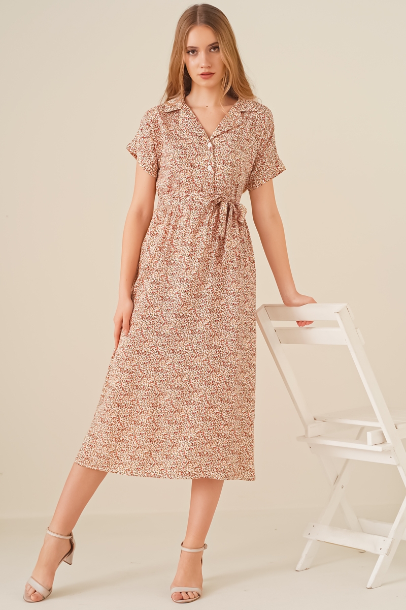 2206 Kuşaklı Kısa Kollu Elbise - Bej - BİGDART