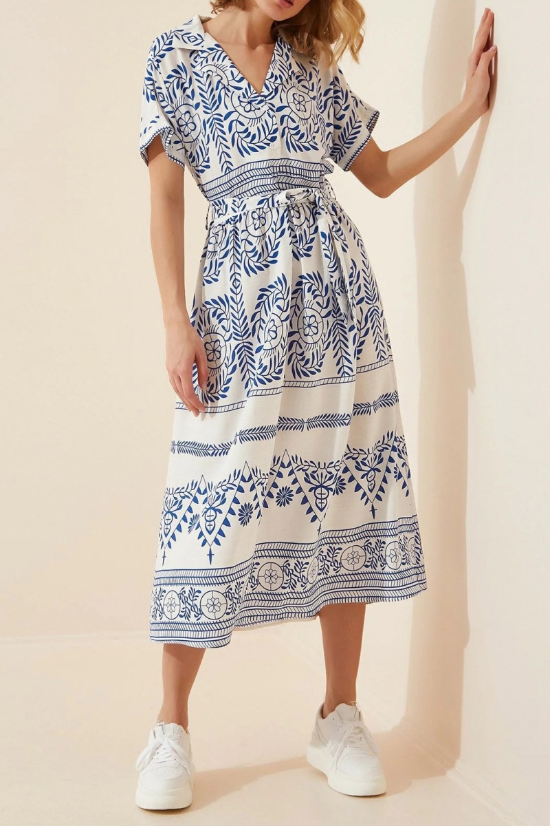 2206 Kuşaklı Kısa Kollu Elbise - Mavi - BİGDART