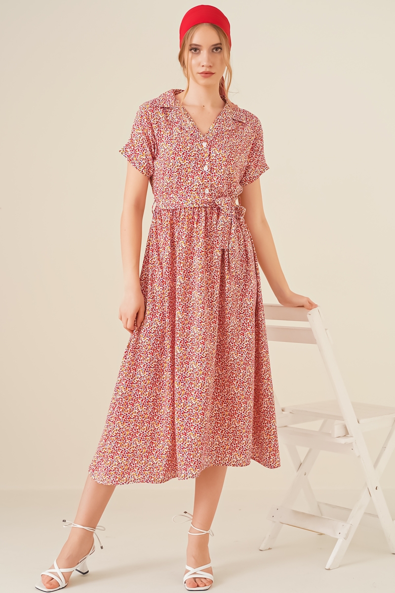 2206 Kuşaklı Kısa Kollu Elbise - Kırmızı - BİGDART