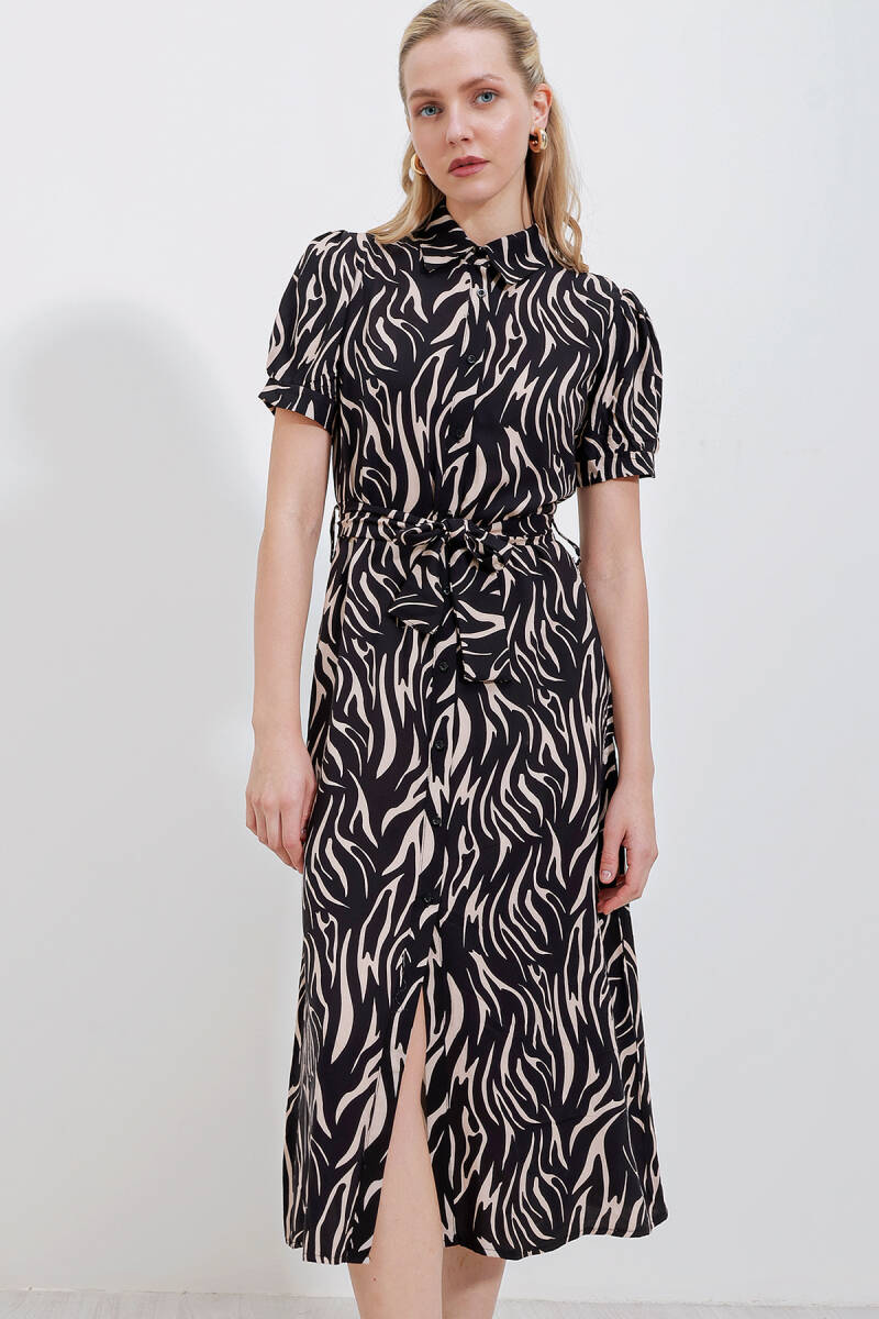 2213 Kısa Kol Viskon Elbise - Bej - BİGDART