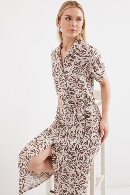 2213 Kısa Kol Viskon Elbise - Kahverengi 