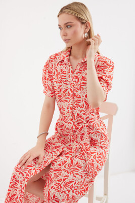 2213 Kısa Kol Viskon Elbise - Kırmızı 