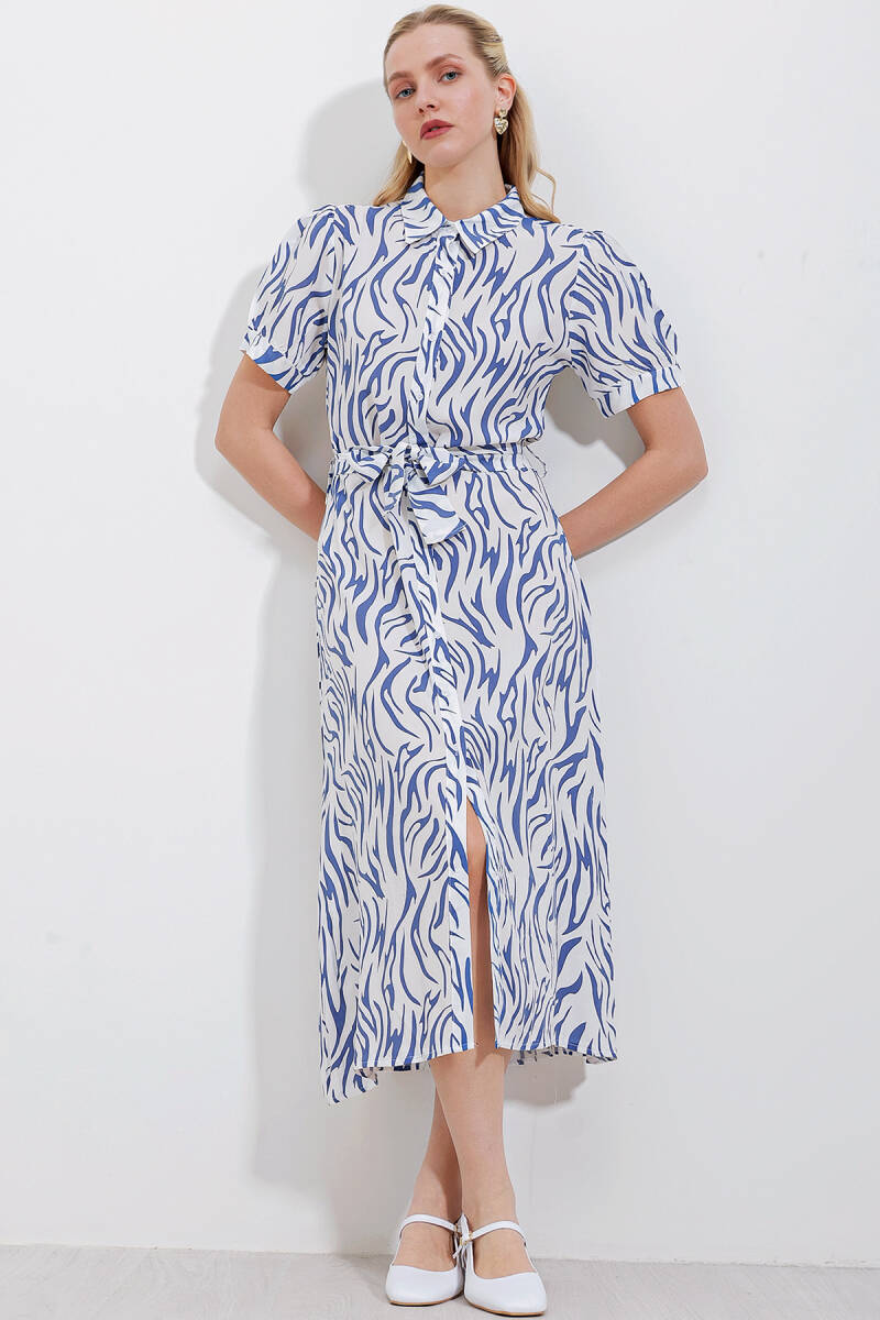 2213 Kısa Kol Viskon Elbise - Mavi - BİGDART