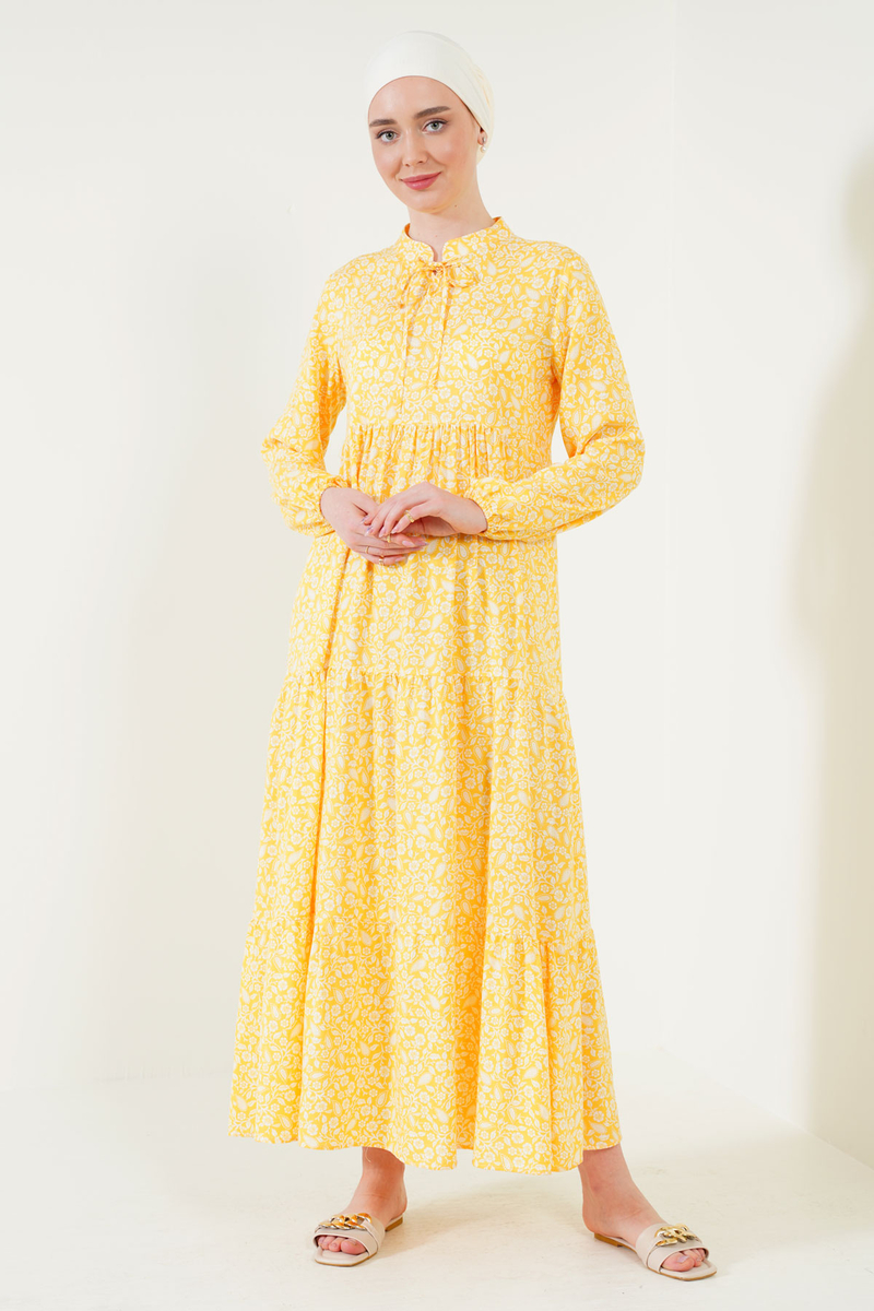 2216 Şal Desen Tesettür Elbise - Sarı - BİGDART