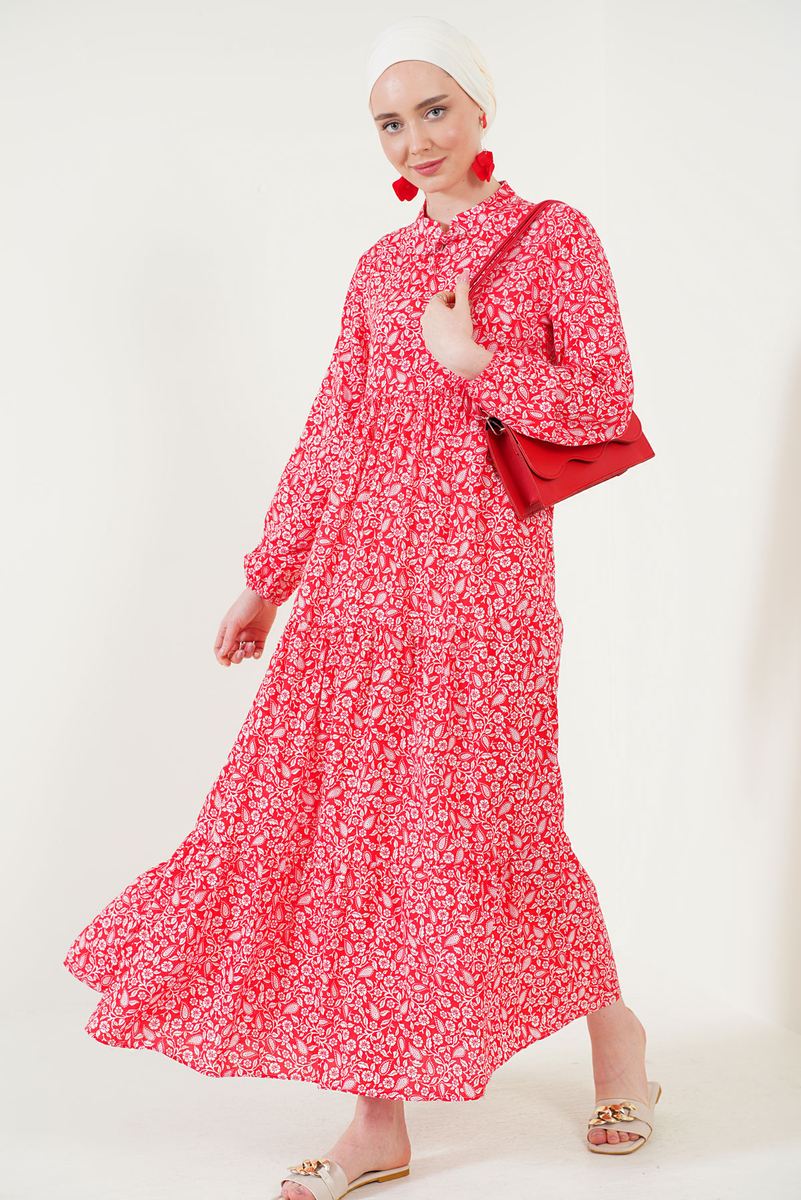 2216 Şal Desen Tesettür Elbise - Nar - BİGDART