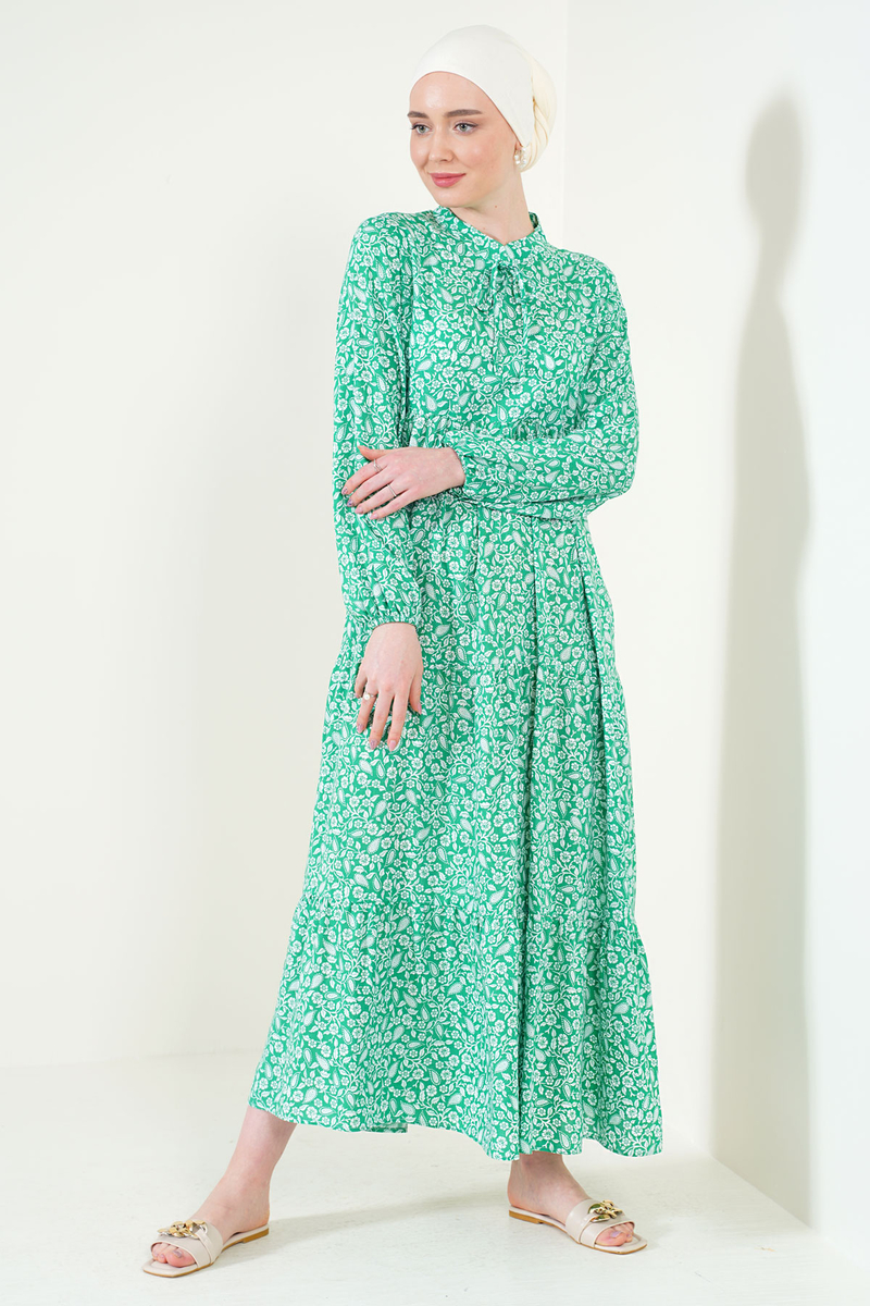 2216 Şal Desen Tesettür Elbise - Yeşil - BİGDART
