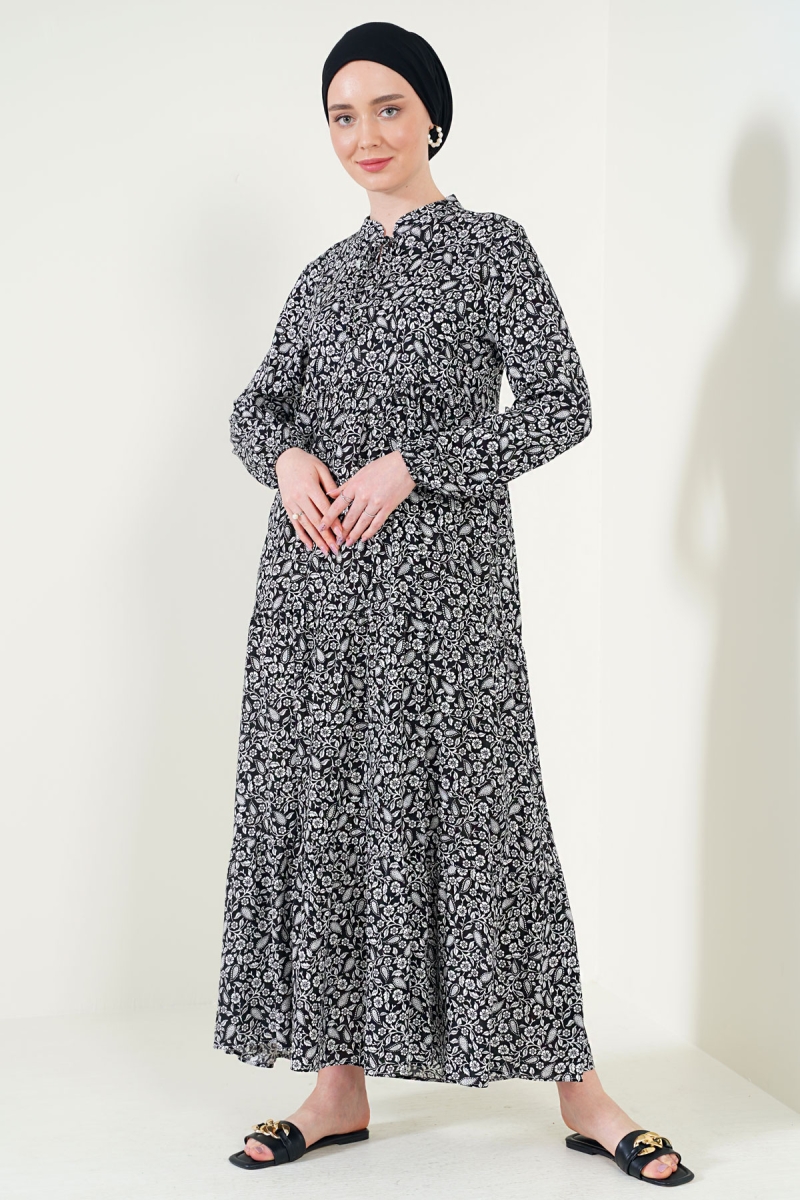 2216 Şal Desen Tesettür Elbise - Siyah - BİGDART