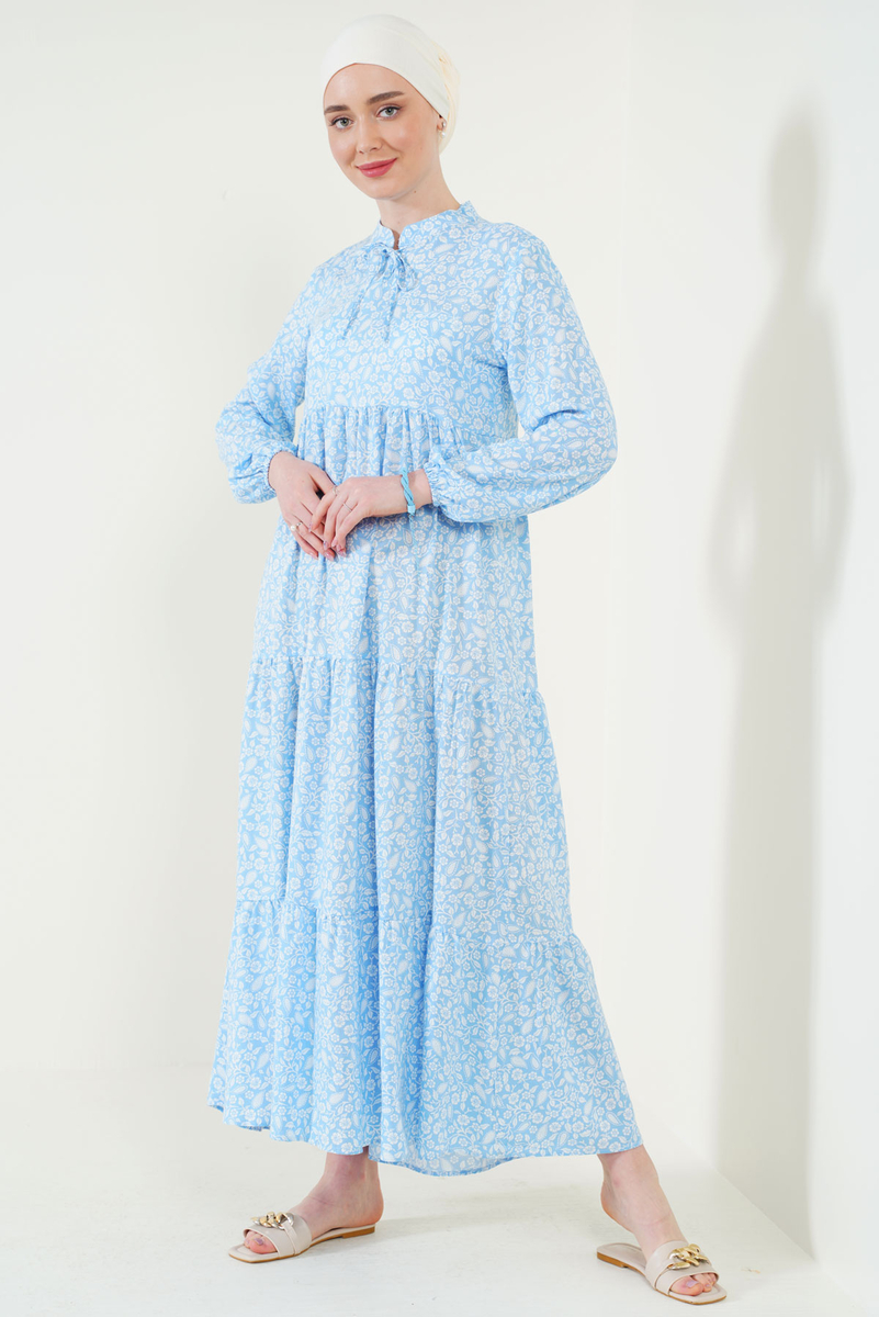 2216 Şal Desen Tesettür Elbise - Mavi - BİGDART