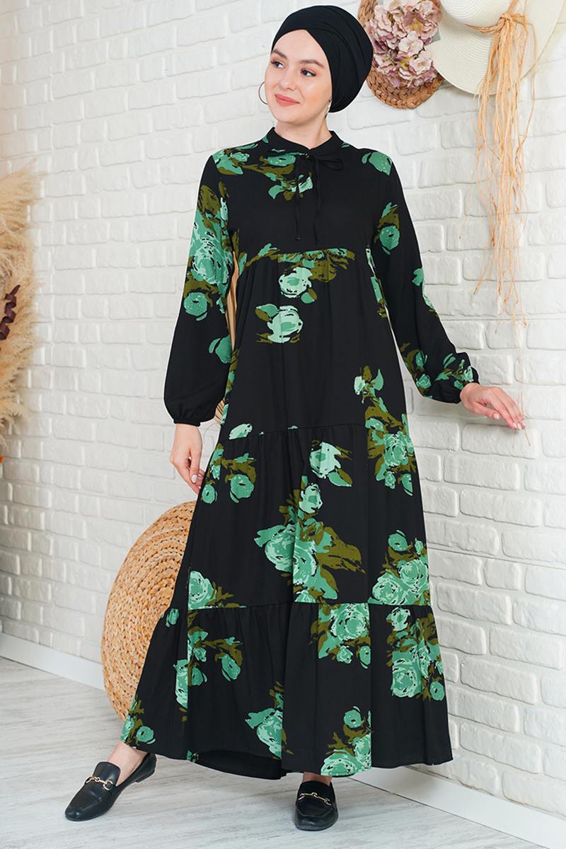 2216 Şal Desen Tesettür Elbise - Haki - BİGDART