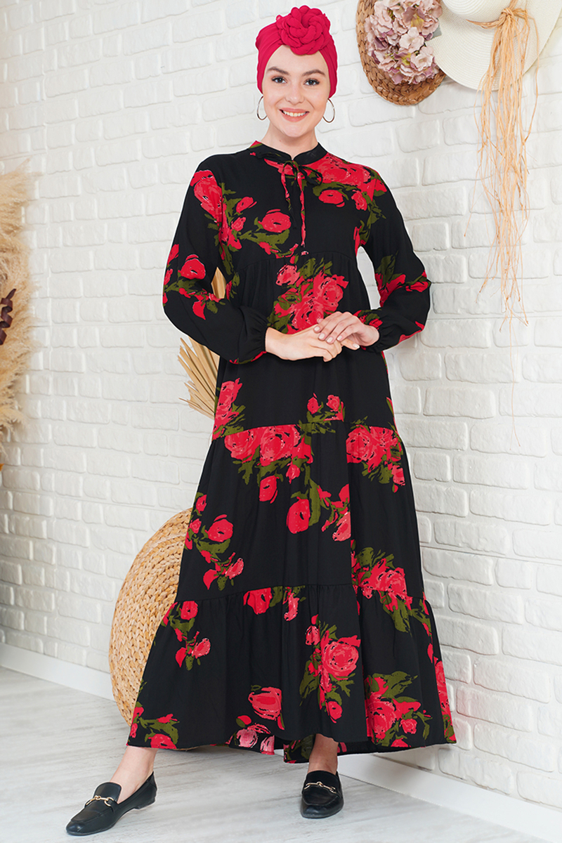 2216 Şal Desen Tesettür Elbise - Kırmızı - BİGDART