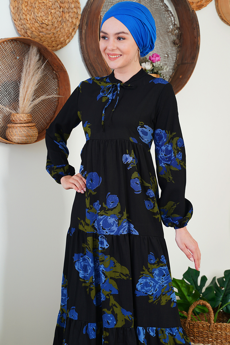 2216 Şal Desen Tesettür Elbise - Lacivert - BİGDART