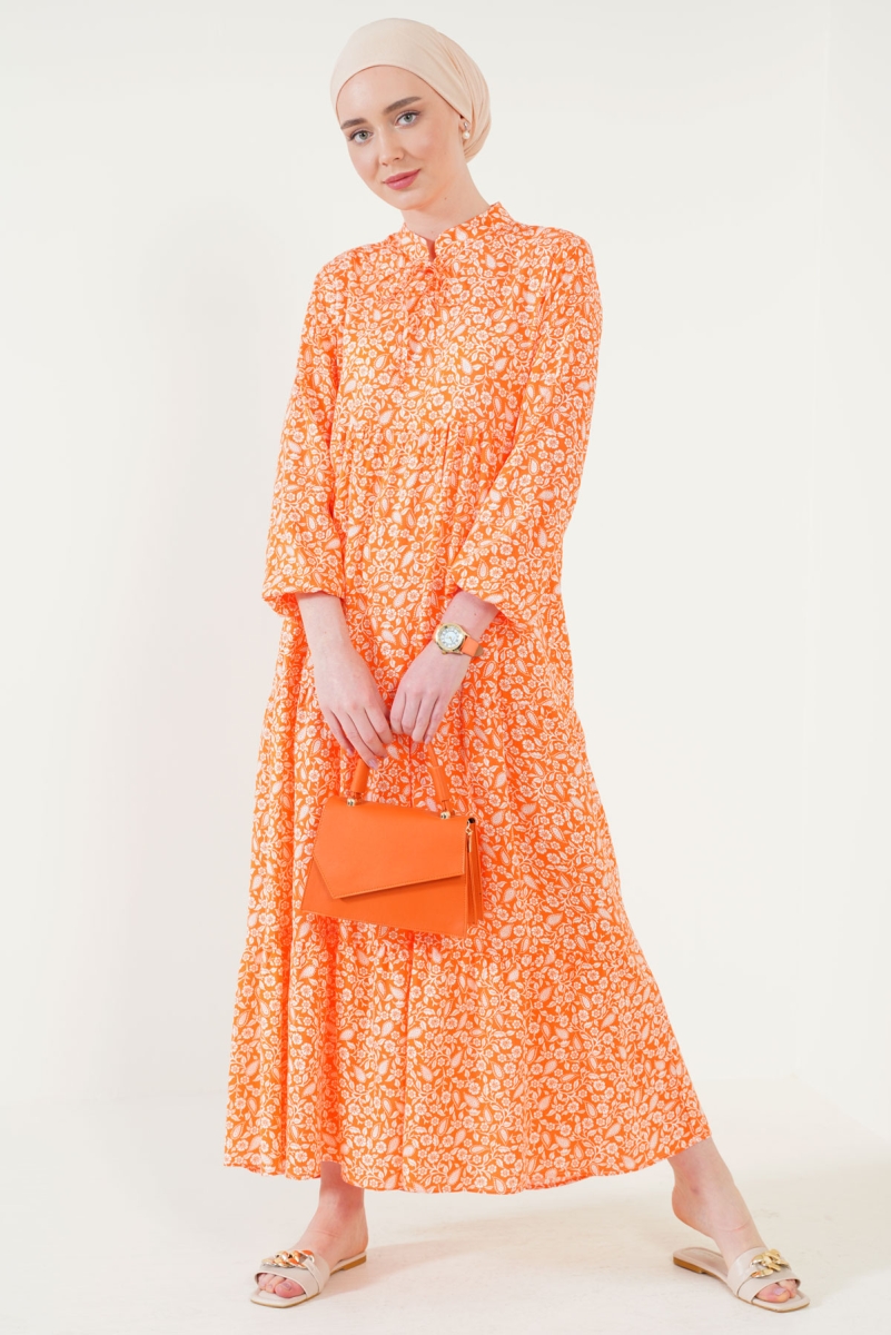 2216 Şal Desen Tesettür Elbise - Turuncu - BİGDART