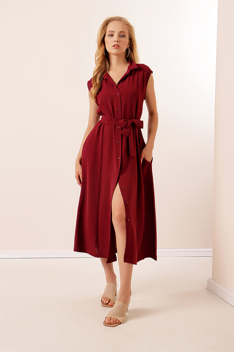 2226 Kuşaklı Sıfır Kol Elbise - Bordo - BİGDART