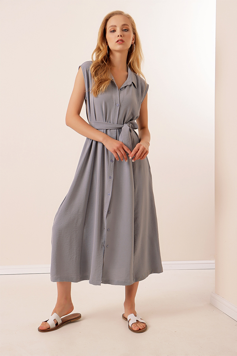 2226 Kuşaklı Sıfır Kol Elbise - Gri - BİGDART