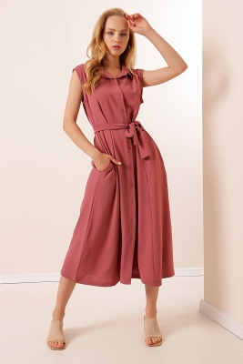 2226 Kuşaklı Sıfır Kol Elbise - Gül Kurusu - BİGDART