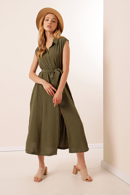 2226 Kuşaklı Sıfır Kol Elbise - Haki - BİGDART