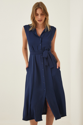 2226 Kuşaklı Sıfır Kol Elbise - Lacivert - BİGDART