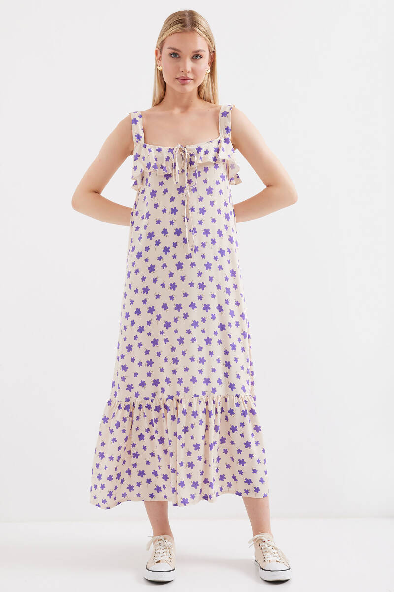 2237 Desenli Askılı Viskon Elbise - Lila - BİGDART