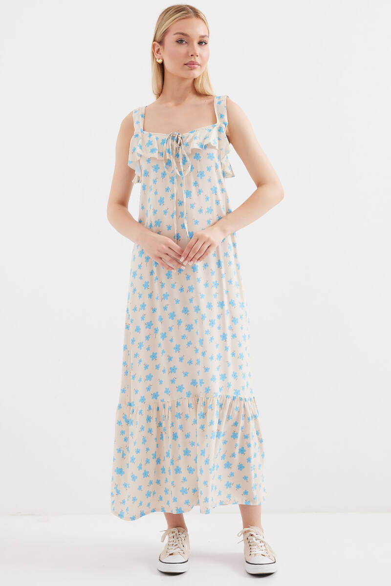 2237 Desenli Askılı Viskon Elbise - Mavi - BİGDART