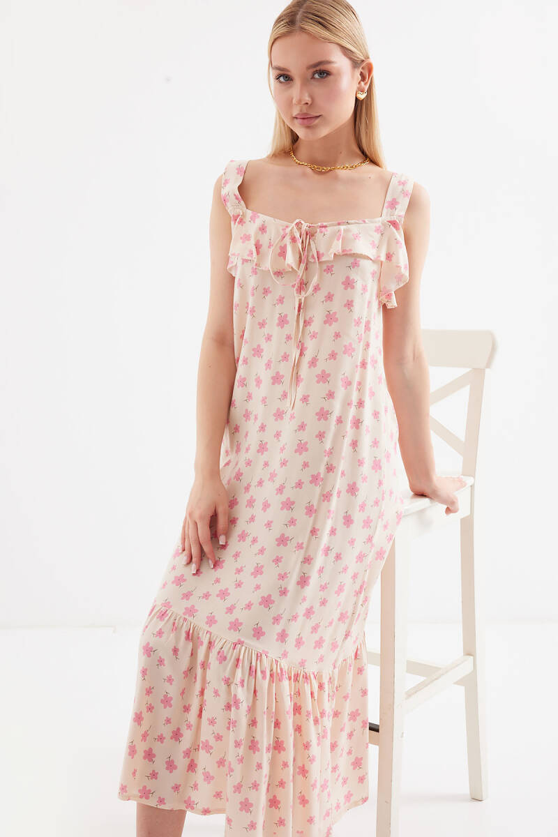 2237 Desenli Askılı Viskon Elbise - Pembe - BİGDART