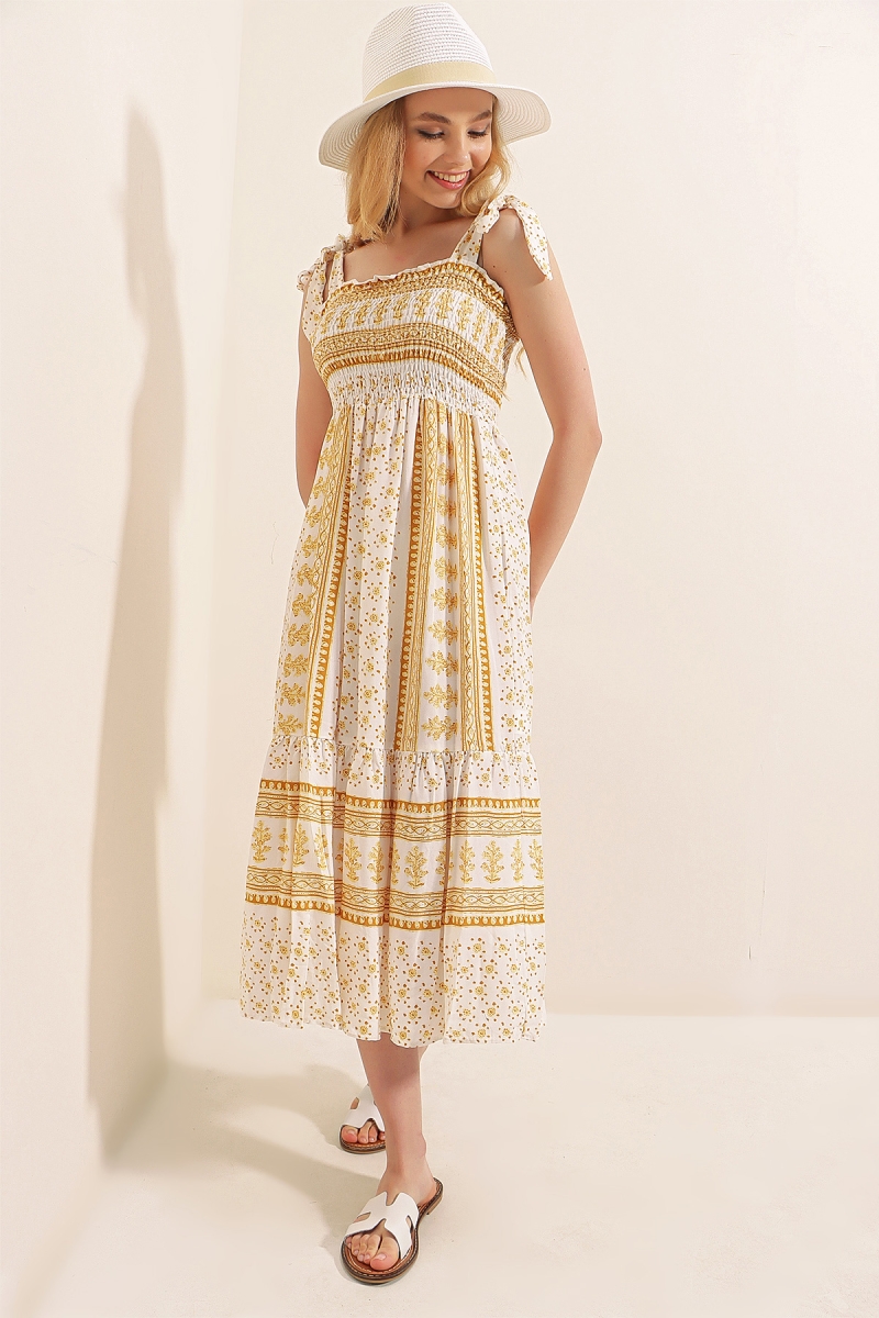 2239 Omuz Bağlamalı Askılı Elbise - Hardal - BİGDART