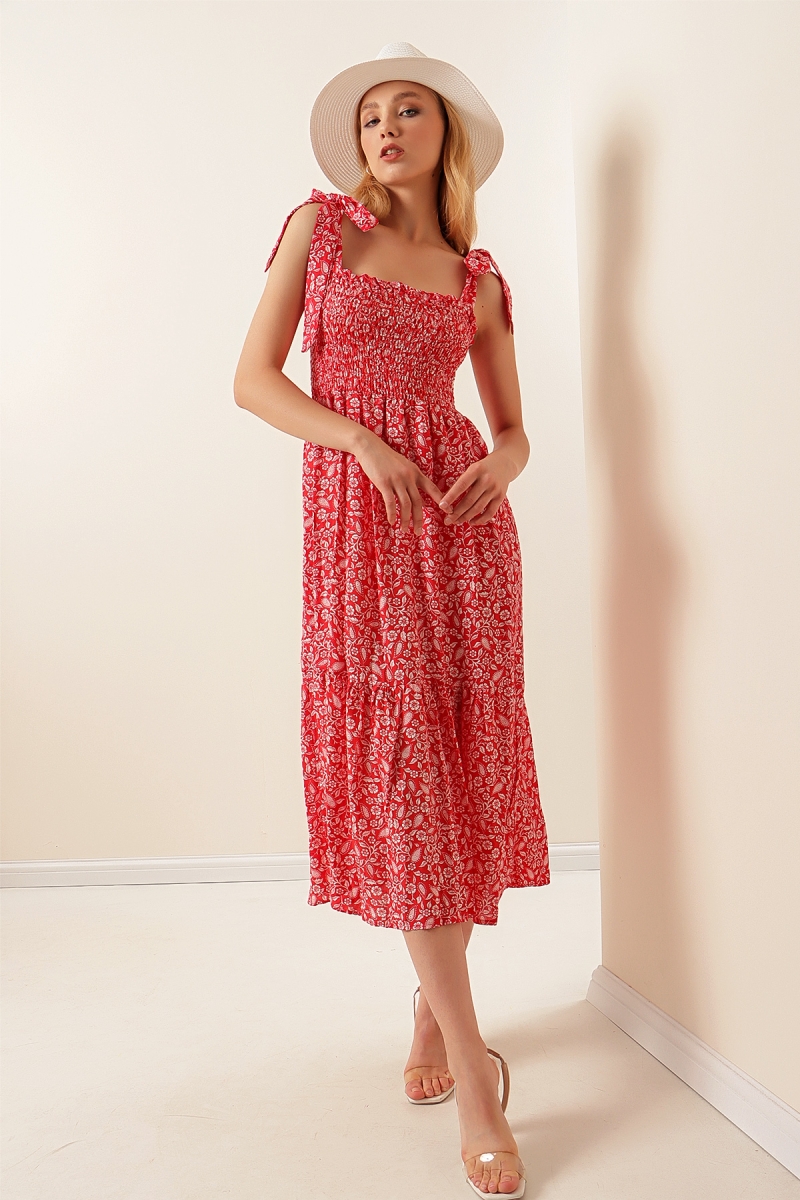 2239 Omuz Bağlamalı Askılı Elbise - Kırmızı - BİGDART