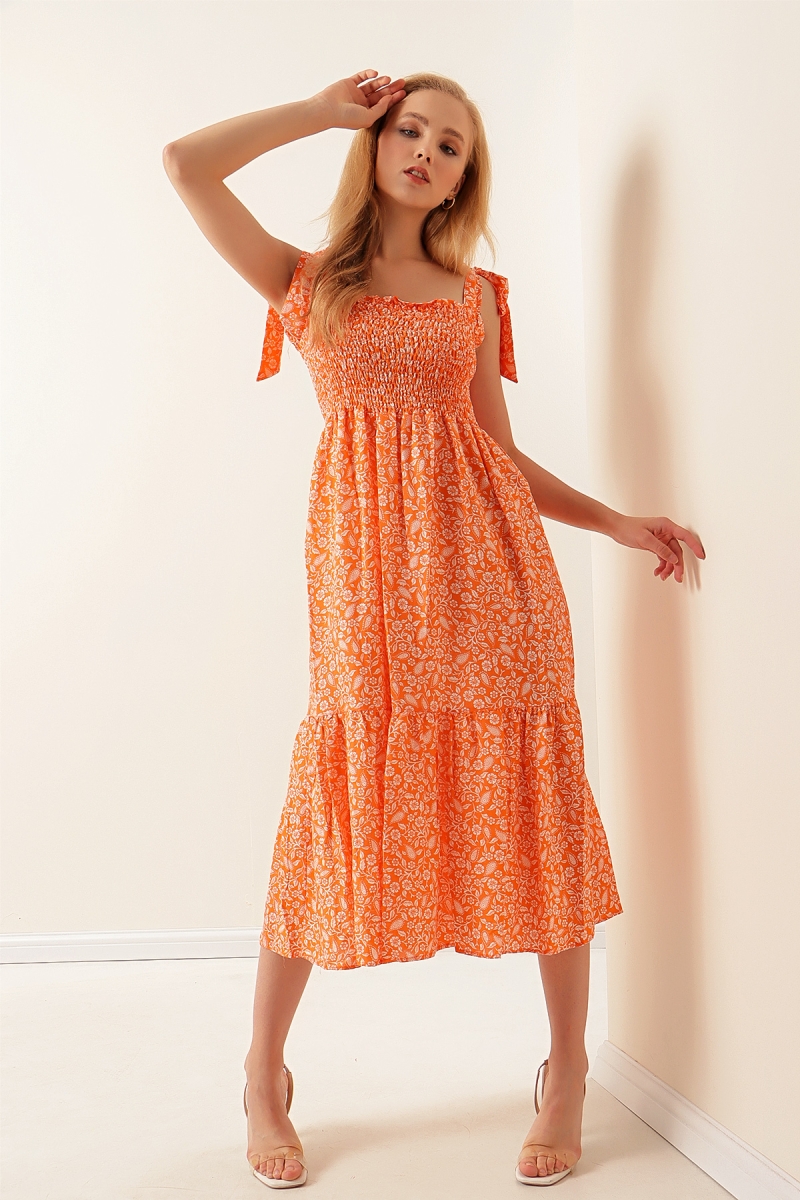 2239 Omuz Bağlamalı Askılı Elbise - Turuncu - BİGDART