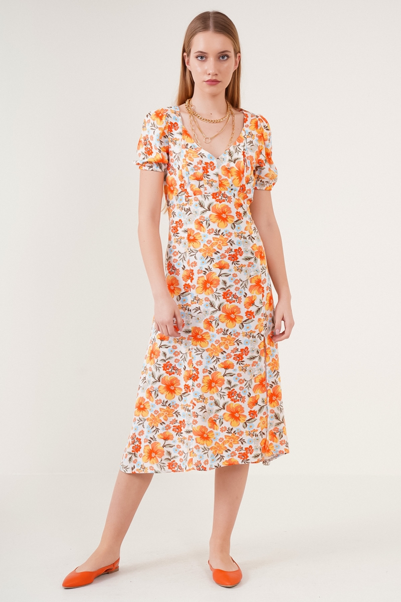 2254 Yırtmaçlı Elbise - Turuncu - BİGDART