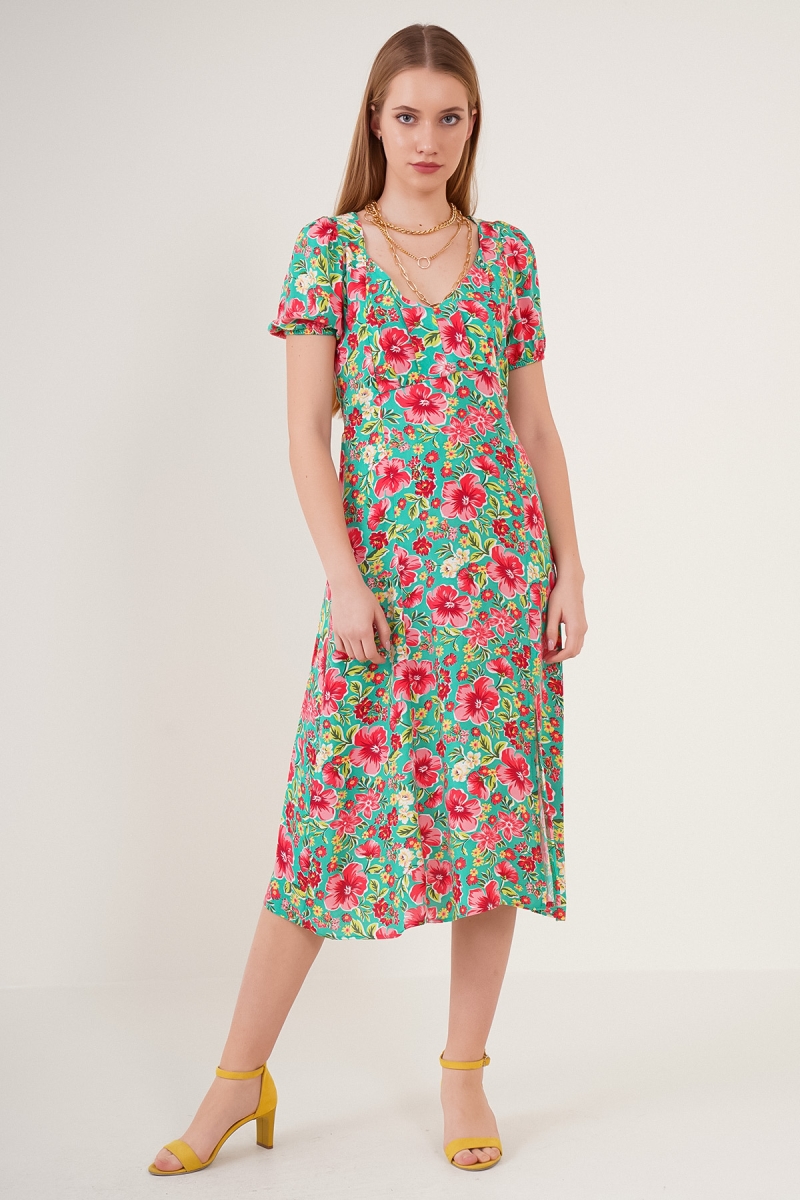 2254 Yırtmaçlı Elbise - Yeşil - BİGDART