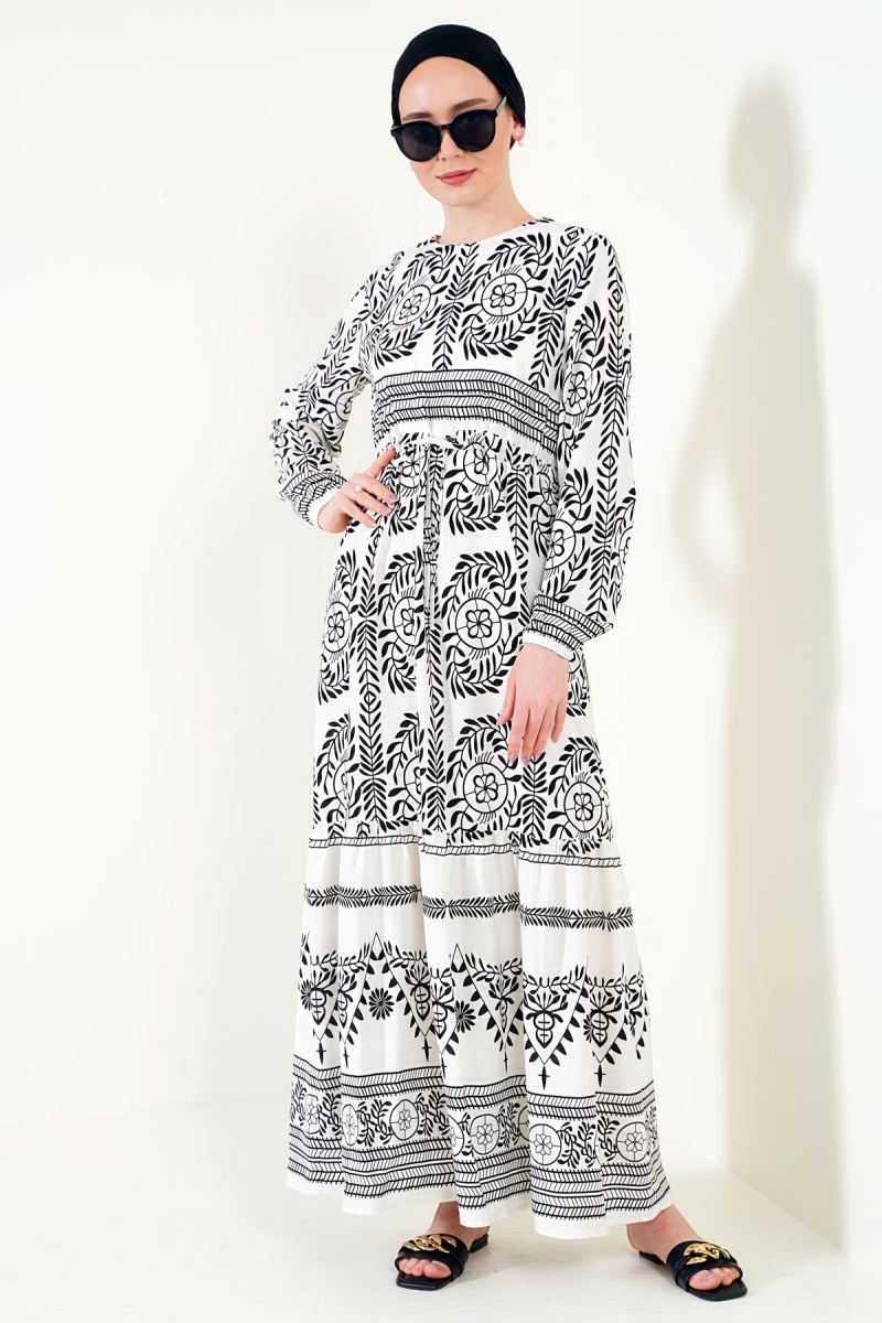 2255 Etnik Desen Tesettür Elbise - Siyah - BİGDART