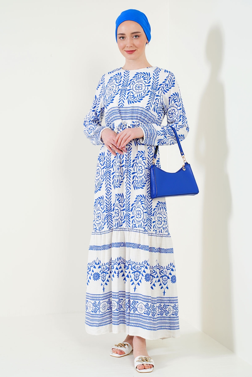 2255 Etnik Desen Tesettür Elbise - Beyaz - BİGDART