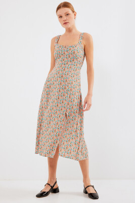 2282 Yırtmaçlı Askılı Viskon Elbise - Çok Renkli 