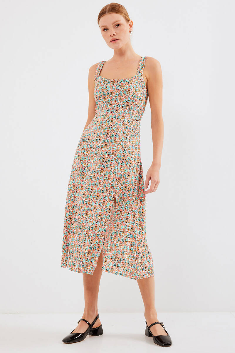 2282 Yırtmaçlı Askılı Viskon Elbise - Çok Renkli - BİGDART