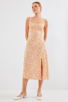 2282 Yırtmaçlı Askılı Viskon Elbise - Turuncu 