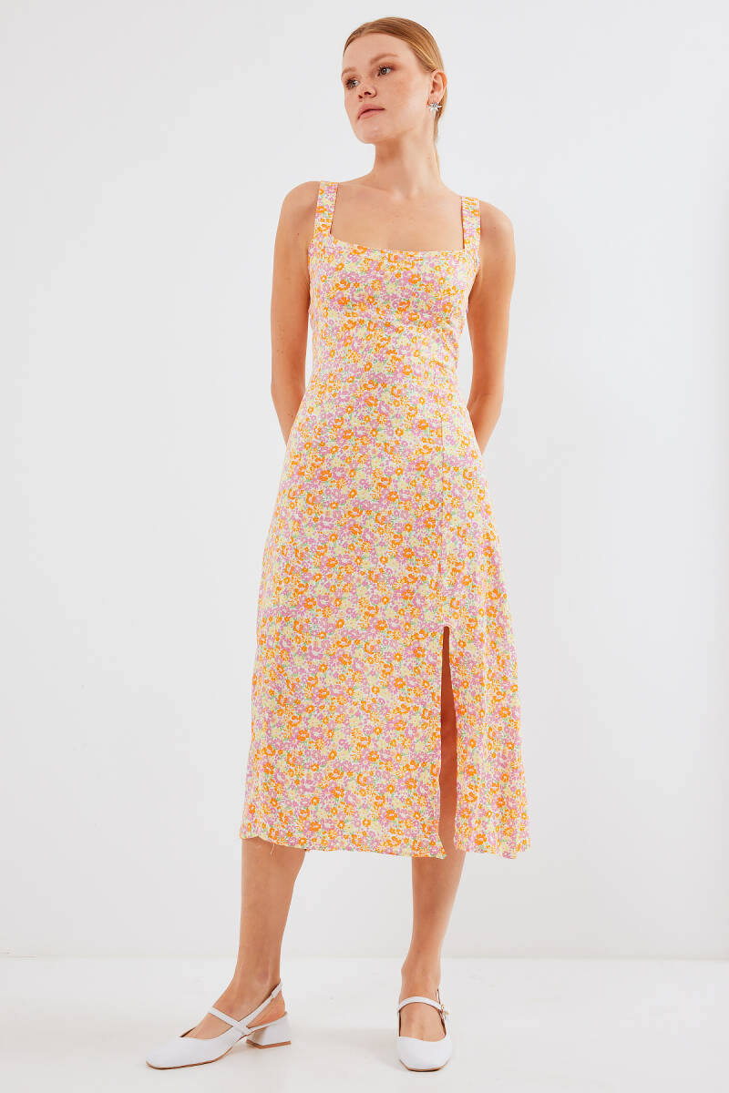 2282 Yırtmaçlı Askılı Viskon Elbise - Turuncu - BİGDART