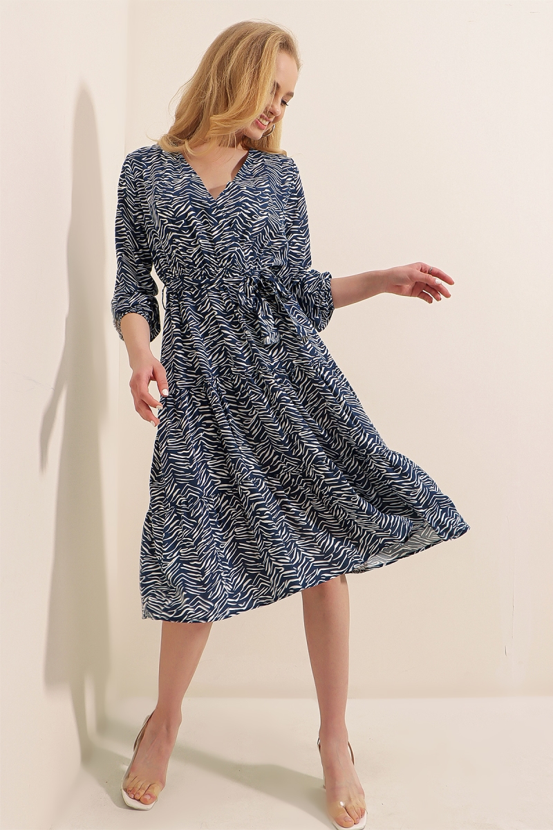 2320 Kruvaze Yaka Elbise - Lacivert - BİGDART