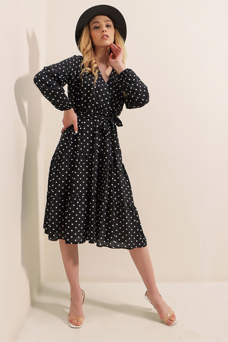 2320 Kruvaze Yaka Elbise - Siyah - BİGDART