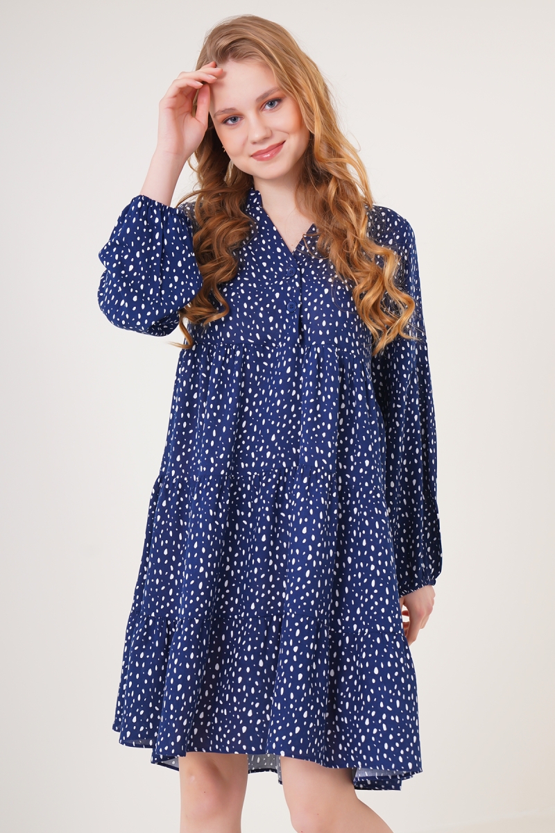 2322 Desenli Elbise - Lacivert - BİGDART