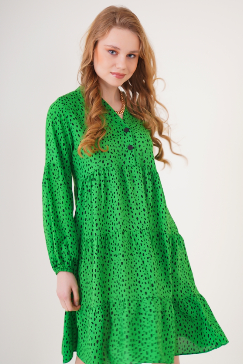 2322 Desenli Elbise - Yeşil - BİGDART