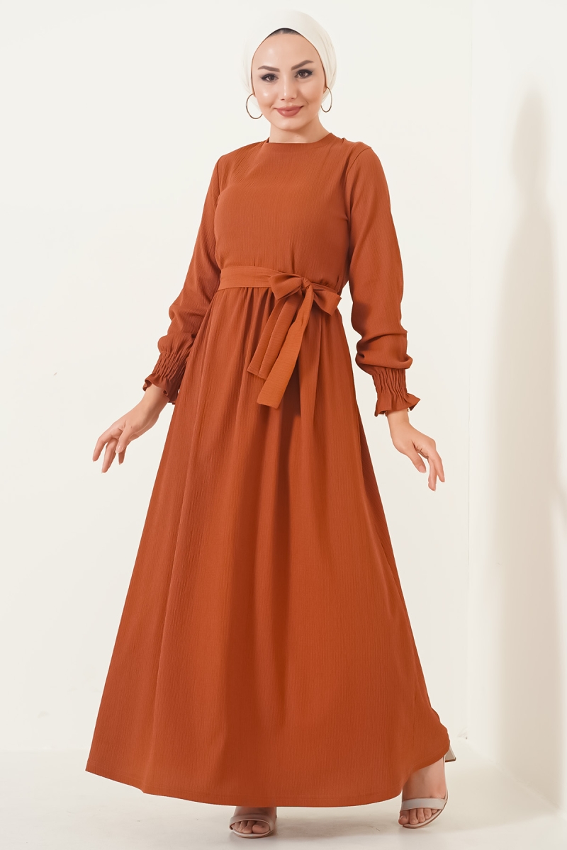 2340 Tesettür Örme Elbise - Taba - BİGDART