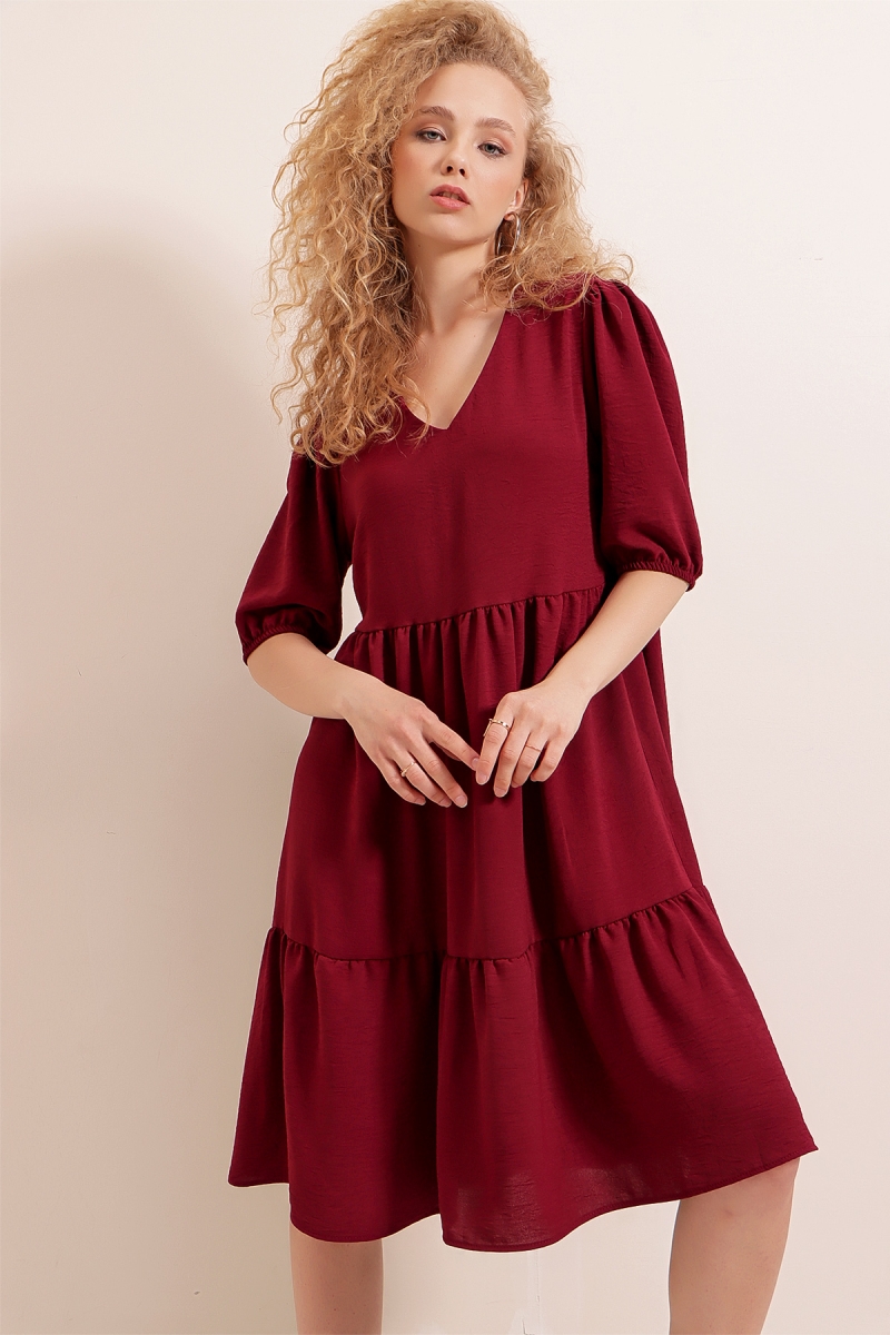 2346 V Yaka Ayrobin Elbise - Bordo - BİGDART